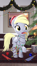 Size: 1080x1920 | Tagged: safe, artist:owlpirate, derpy hooves, pony, 3d, christmas, christmas lights, christmas tree, holiday, solo, source filmmaker, tongue out, tree