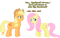 Size: 900x570 | Tagged: safe, artist:ludiculouspegasus, applejack, fluttershy, earth pony, pegasus, pony, female, fluttermac, male, shipping, straight