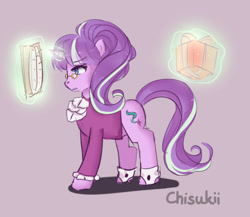 Size: 500x433 | Tagged: safe, artist:puddingskitty, snowfall frost, starlight glimmer, pony, unicorn, a hearth's warming tail, book, female, magic, mare, present, profile, purple background, simple background, solo, telekinesis