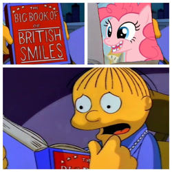 Size: 800x800 | Tagged: safe, screencap, pinkie pie, earth pony, pony, the lost treasure of griffonstone, broken teeth, ralph wiggum, the big book of british smiles, the simpsons