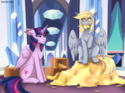 Size: 2300x1700 | Tagged: safe, artist:serodart, derpy hooves, twilight sparkle, twilight sparkle (alicorn), alicorn, pegasus, pony, unicorn, castle, chromatic aberration, ticket, tickets