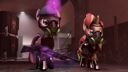 Size: 1920x1080 | Tagged: safe, artist:fd-daylight, sunset shimmer, twilight sparkle, twilight sparkle (alicorn), alicorn, pony, 3d, biohazard, clothes, gas mask, gun, mask, rifle, shotgun, skis, source filmmaker, swat, uniform, weapon