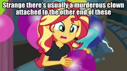 Size: 1280x720 | Tagged: safe, edit, edited screencap, screencap, sunset shimmer, all the world's off stage, all the world's off stage: pinkie pie, better together, equestria girls, balloon, caption, clown, image macro, implied pennywise, it, solo, text, the addams family