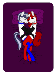 Size: 3429x4516 | Tagged: safe, artist:supra80, oc, oc:safey, oc:siram cotoran, anthro, unguligrade anthro, anthro oc, bed, catsuit, clothes, collar, couple, female, gloves, latex, latex socks, latex suit, long gloves, male, pillow, siram, siramie, snuggling, socks, stockings, straight, thigh highs