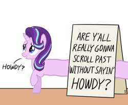 Size: 1100x900 | Tagged: safe, artist:mkogwheel edits, edit, starlight glimmer, pony, unicorn, applejack's sign, crossing the memes, howdy, long glimmer, long pony, meme