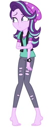 Size: 354x857 | Tagged: safe, artist:aqua-pony, editor:thomasfan45, starlight glimmer, human, equestria girls, mirror magic, spoiler:eqg specials, barefoot, beanie, clothes, cute, feet, female, hat, legs, nervous, pants, rubbing arm, shirt, simple background, solo, vector, vest, watch, white background