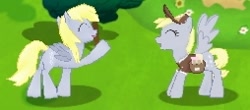 Size: 254x112 | Tagged: safe, derpy hooves, pegasus, pony, delivery pony, duo, eyes closed, game screencap, gameloft, self ponidox, waving