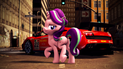 Size: 3840x2160 | Tagged: safe, artist:psfmer, starlight glimmer, pony, unicorn, 3d, 4k, building, butt, car, city, dock, lamborghini gallardo, leg lifted, looking at you, looking back, looking back at you, plot, road, scrunchy face, smiling, smirk, solo, source filmmaker, street sign, traffic light, urban