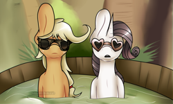 Size: 1280x770 | Tagged: safe, artist:vampdoq, applejack, rarity, earth pony, pony, unicorn, glasses, song reference, sunglasses