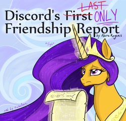 Size: 3450x3300 | Tagged: safe, artist:zabchan, discord, princess celestia, alternate color palette, cover art, eyeroll, fanfic, fanfic art, food, friendship report, glowing horn, hidden discord, orange, palette swap, purple, purple mane, recolor, scroll, sigh, solo, title card