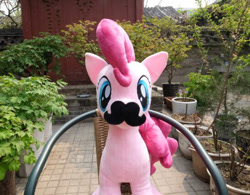 Size: 547x426 | Tagged: safe, artist:hutouluosha, pinkie pie, irl, looking at you, moustache, photo, plushie, ponka po