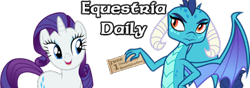 Size: 400x140 | Tagged: safe, princess ember, rarity, pony, unicorn, banner, equestria daily, hand on hip, open mouth, simple background, smiling, spread wings, transparent background