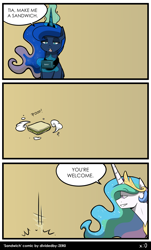 Size: 2325x3843 | Tagged: safe, artist:lrusu, princess celestia, princess luna, alicorn, pony, comic, food, food transformation, gamer luna, pun, sandwich, sillestia, silly, trollestia, unoriginal