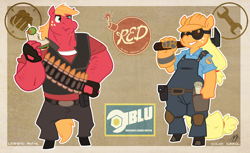 Size: 3932x2400 | Tagged: safe, artist:atryl, artist:kirrol, applejack, big macintosh, anthro, unguligrade anthro, crossover, engiejack, engineer, heavy mac, heavy weapons guy, sandvich, sandwich, team fortress 2