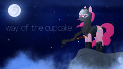 Size: 1920x1080 | Tagged: safe, artist:dachickendog, artist:emedina13, pinkie pie, earth pony, pony, clothes, crossover, game, moon, ninja, ninja gaiden, parody, ryu hayabusa, solo, video game, wallpaper, weapon