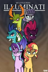Size: 1367x2017 | Tagged: safe, artist:banquo0, maud pie, princess ember, starlight glimmer, sunset shimmer, tempest shadow, thorax, changedling, changeling, earth pony, pegasus, pony, unicorn, broken horn, comic cover, eye scar, female, gradient background, group, horn, king thorax, looking at you, male, mare, marvel, scar, text