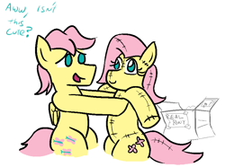 Size: 840x626 | Tagged: safe, artist:jargon scott, butterscotch, fluttershy, pegasus, pony, box, dialogue, doll, rule 63