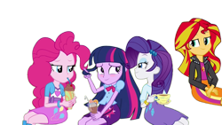 Size: 1024x576 | Tagged: safe, pinkie pie, rarity, sunset shimmer, twilight sparkle, equestria girls, couchgirls, drinking, sitting, smiling