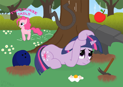 Size: 876x620 | Tagged: safe, artist:lycanox, derpibooru import, pinkie pie, twilight sparkle, earth pony, pony, anvil, apple, bowling ball, egg, hammer, horseshoes, pinkie sense