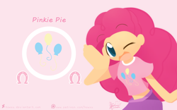 Size: 2520x1575 | Tagged: safe, artist:howxu, pinkie pie, human, clothes, cute, humanized, midriff, shirt, short shirt, solo, wink