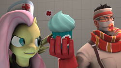 Size: 1920x1080 | Tagged: safe, fluttershy, pegasus, pony, 3d, crossover, cupcake, doctor, fluttermedic, fluttershed, medic, nurse, team fortress 2