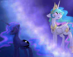 Size: 1024x800 | Tagged: safe, artist:namiwami, princess celestia, princess luna, alicorn, pony, chest fluff, female, mare, sad, sisters