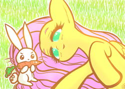 Size: 1835x1299 | Tagged: safe, artist:sigpi, angel bunny, fluttershy, pegasus, pony, carrot, colored pupils, female, food, grass, lying down, mare, on side