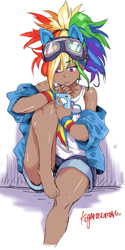 Size: 471x943 | Tagged: safe, artist:jp_np133, artist:kogarasumaru24, derpibooru import, rainbow dash, human, alternate hairstyle, barefoot, cellphone, clothes, dark skin, feet, female, goggles, humanized, koto dash, kotobukiya, kotobukiya rainbow dash, off shoulder, phone, shorts, signature, simple background, sitting, solo, tanktop, tanned, white background, wristband