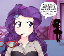 Size: 1150x1000 | Tagged: safe, artist:lucy-tan, rarity, sweetie belle, human, spoiler:comic, spoiler:comic01, ..., carousel boutique, clothes, glasses, humanized, mouth hold, scene interpretation, silhouette, sisters, thought bubble