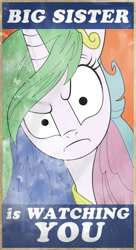 Size: 800x1475 | Tagged: safe, artist:andypriceart, artist:ksander-uno, princess celestia, alicorn, pony, 1984, big brother is watching, big sister, frown, glare, looking at you, poster, raised eyebrow