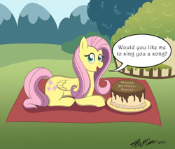 Size: 1024x873 | Tagged: safe, artist:anbuelite5, fluttershy, pegasus, pony, cake, happy birthday, solo