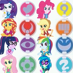 Size: 2160x2160 | Tagged: safe, applejack, dj pon-3, fluttershy, pinkie pie, rainbow dash, rarity, sci-twi, sunset shimmer, twilight sparkle, vinyl scratch, equestria girls, friendship games, spoiler:eqg specials, humane five, humane seven, humane six, looking at you, smiling, yo-kai watch, yo-kai watch yo-kai medal