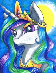 Size: 2436x3208 | Tagged: safe, artist:lunar-white-wolf, princess celestia, alicorn, pony, bust, female, mare, marker drawing, portrait, solo, sun, traditional art