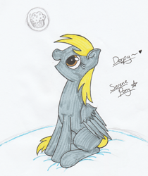 Size: 1524x1817 | Tagged: safe, artist:serenepony, derpy hooves, pegasus, pony, bubble, female, food, happy, looking up, mare, muffin, simple background, sitting, smiling, solo, traditional art