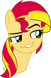 Size: 2000x3048 | Tagged: safe, artist:midnight-st4r, sunset shimmer, pony, unicorn, daring don't, bust, dreamworks face, female, grin, mare, raised eyebrow, simple background, smiling, smirk, solo, transparent background, vector