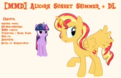 Size: 1322x850 | Tagged: safe, artist:sparkiss-pony, sunset shimmer, twilight sparkle, twilight sparkle (alicorn), alicorn, pony, .zip file at source, 3d, 3d model, alicornified, downloadable, mmd, race swap, request, shimmercorn