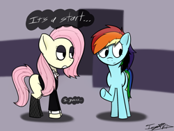 Size: 1300x980 | Tagged: safe, artist:icywindthepony, derpibooru import, fluttershy, rainbow dash, pegasus, pony, alternate hairstyle, dyed mane, fluttergoth, gothic