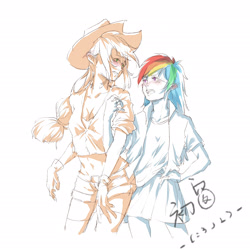 Size: 2300x2300 | Tagged: safe, artist:闷骚少女初窗, derpibooru import, applejack, rainbow dash, human, appledash, applejack's hat, blushing, clothes, cowboy hat, female, gloves, hair tie, hat, humanized, lesbian, linked arms, pleated skirt, shipping, shorts, simple background, skirt, stetson, white background