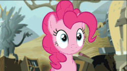 Size: 900x506 | Tagged: safe, screencap, madame leflour, pinkie pie, sir lintsalot, earth pony, pony, party of one, the lost treasure of griffonstone, animated, contemplating insanity, derp, pinkamena diane pie