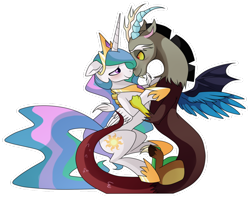 Size: 1024x824 | Tagged: safe, artist:alicornparty, artist:hikariviny, discord, princess celestia, alicorn, pony, dislestia, female, floppy ears, hug, looking at each other, male, nuzzling, shipping, simple background, straight, transparent background