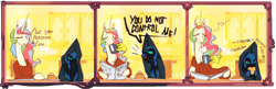 Size: 3618x1166 | Tagged: safe, artist:alumx, nightmare moon, princess celestia, alicorn, pony, cloak, clothes, coffee, comic, dialogue, food, magic, newspaper, nom, pancakes, telekinesis, tsundere moon