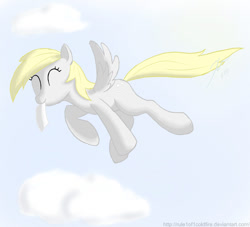 Size: 900x818 | Tagged: safe, artist:rule1of1coldfire, derpy hooves, pegasus, pony, cloud, eyes closed, female, flying, mare, mouth hold, paper, sky, smiling, solo