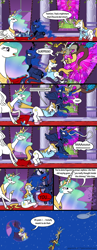 Size: 1200x3088 | Tagged: safe, artist:gegenschein17, discord, prince blueblood, princess celestia, princess luna, alicorn, draconequus, pony, unicorn, bruised, hammerspace hair, red eyes take warning, star trek, uss enterprise, voice actor joke