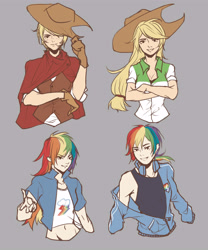 Size: 5000x6000 | Tagged: safe, artist:闷骚少女初窗, derpibooru import, applejack, applejack (male), rainbow blitz, rainbow dash, human, absurd resolution, applejack's hat, belly button, clothes, cowboy hat, female, hat, headphones, humanized, jacket, male, midriff, poncho, rule 63