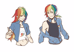 Size: 5000x3500 | Tagged: safe, artist:闷骚少女初窗, derpibooru import, rainbow blitz, rainbow dash, human, belly button, clothes, female, headphones, humanized, jacket, male, midriff, rule 63