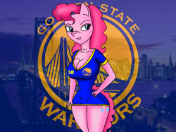 Size: 1365x1020 | Tagged: safe, artist:odiz, pinkie pie, anthro, basketball, breasts, cleavage, clothes, dress, female, golden state warriors, nba, nba finals, pinkie pies, solo