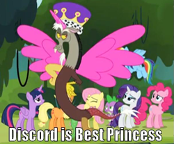 Size: 607x503 | Tagged: safe, derpibooru import, edit, edited screencap, screencap, applejack, discord, fluttershy, pinkie pie, rainbow dash, rarity, spike, twilight sparkle, twilight sparkle (alicorn), alicorn, dragon, earth pony, pegasus, pony, unicorn, twilight's kingdom, best princess, image macro, mane six, meme, princess discord