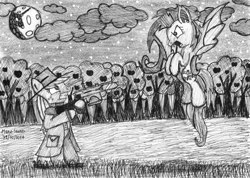 Size: 1024x730 | Tagged: safe, artist:mane-shaker, applejack, fluttershy, earth pony, pony, apple helsing, crossover, flutterbat, monochrome, night, stars, traditional art, van helsing