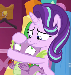 Size: 1001x1066 | Tagged: safe, screencap, spike, starlight glimmer, dragon, pony, unicorn, a-dressing memories, spoiler:a-dressing memories, spoiler:mlp friendship is forever, 9now, holding, holding head, implied injury, nine network, sweat, worried