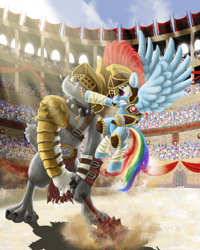 Size: 2400x3000 | Tagged: safe, artist:evil-dec0y, derpibooru import, rainbow dash, diamond dog, pegasus, pony, colosseum, fight, gladiator, mace, roman, weapon